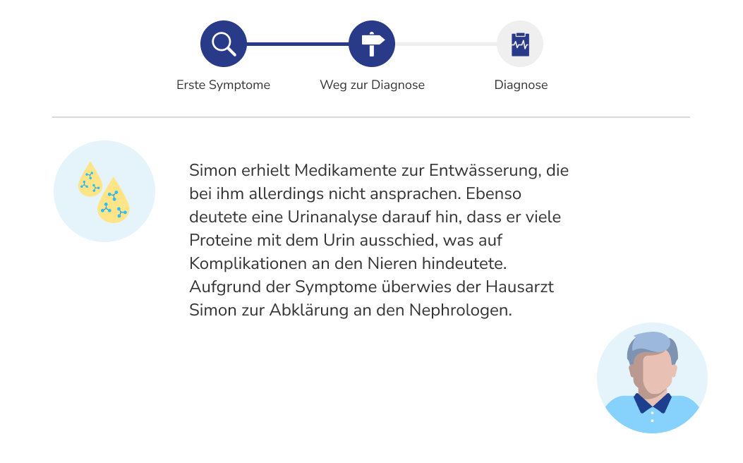 Auf Medikamente zur Entwässerung sprach er nicht an. Eine Urinanalyse deutete auf Nierenprobleme hin. Er wurde zum Nephrologen überwiesen.