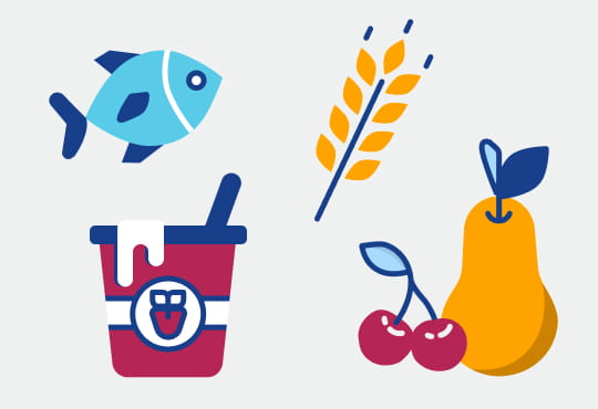 Obst, Fisch, Gemüse, Vollkorn- und Milchprodukte